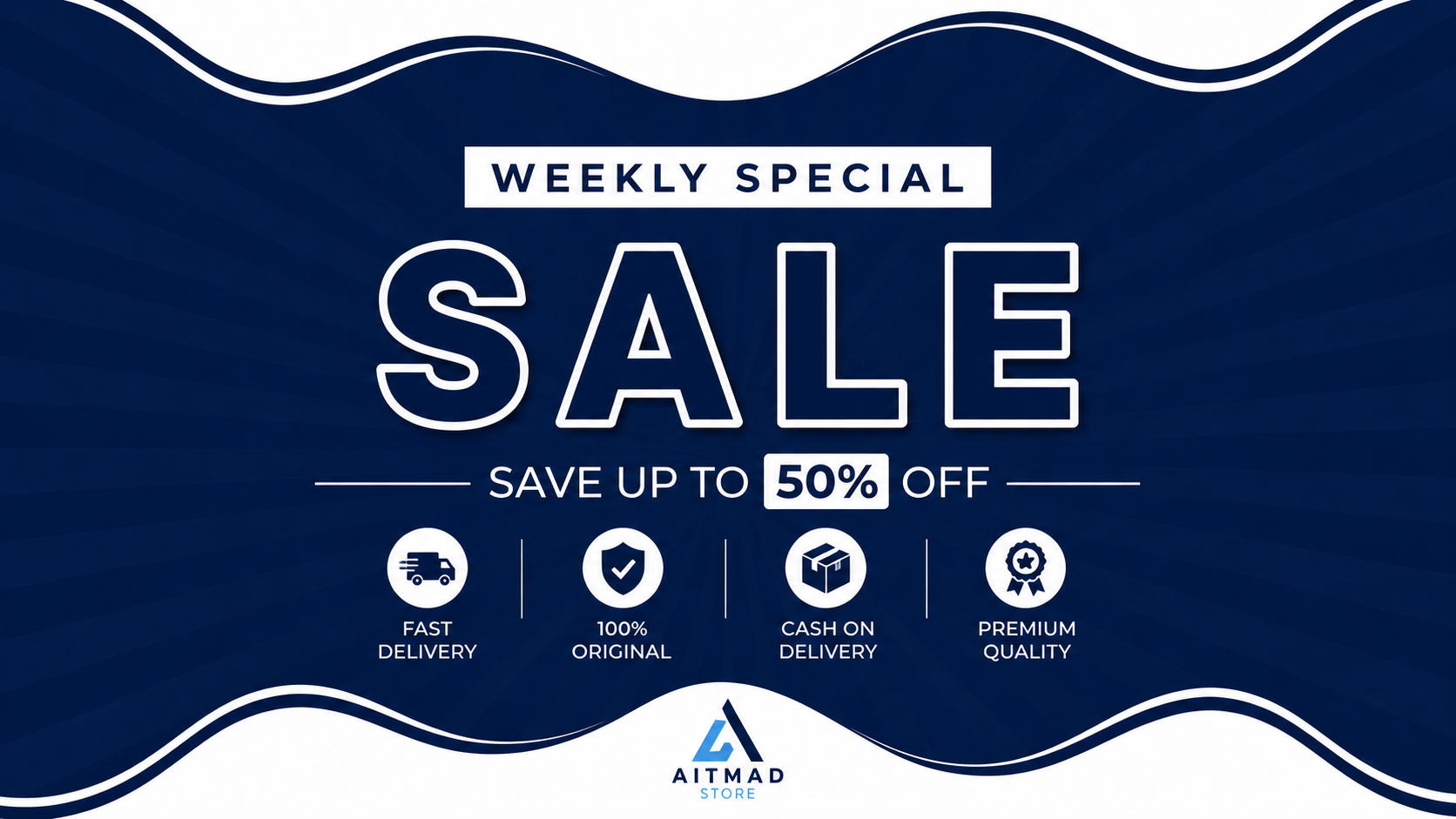 A promotional sale banner with a dark blue and white wavy background. Large white text reads 'WEEKLY SPECIAL SALE' and 'SAVE UP TO 50% OFF,' with smaller icons for fast delivery, 100% original, cash on delivery, and premium quality.