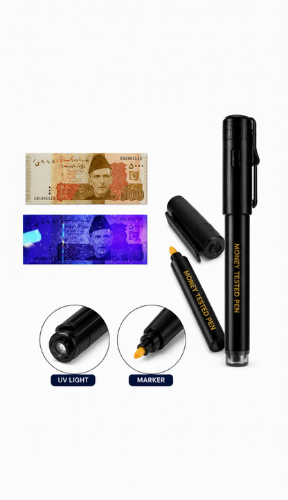 A black money-tested pen shown with its cap off, alongside two banknote UV-light exposure examples and close-up circular views of the pen tip and UV light bulb. The pen has gold text reading 'MONEY TESTED PEN' on a white background.