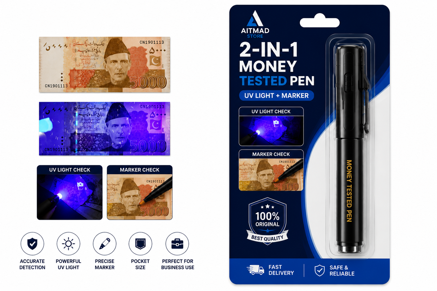 SUPER WHOLESALE OFFER 4 Pieces Only Rs. 1000 Imported 2-in-1 Money Detector 🔦 Marker + UV Light