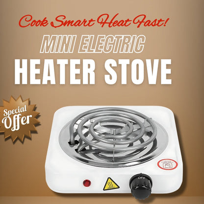 Mini electric heater stove with promotional text on a brown background