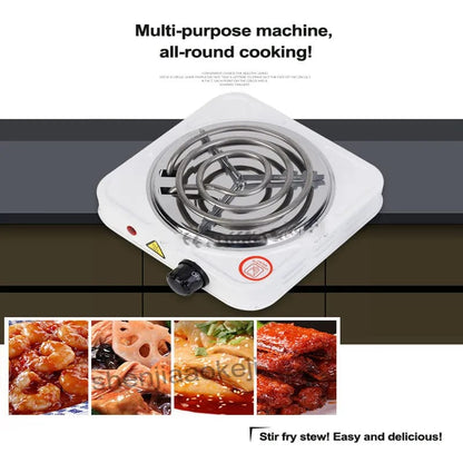 Single burner stove with images of cooked food below, on a white background