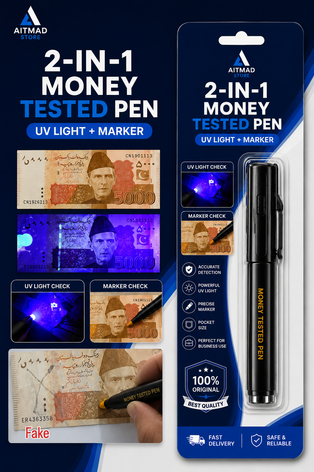 A retail package of a black 2-in-1 money tested pen with UV light and marker features, shown alongside informational panels demonstrating fake bill detection and marker testing.