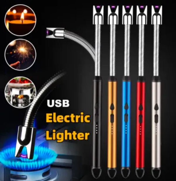 Set of USB electric lighters in various colors with a black background.